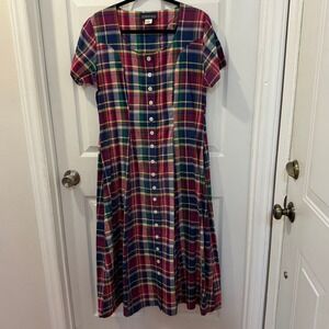 Vintage Herman Geist 90's Women's Madras Plaid Maxi Dress Size 12 100% Cotton